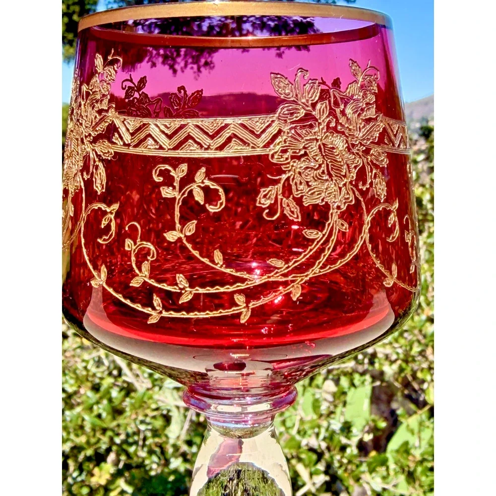 Antique Bohemian Cordial Glass Cranberry Etched Gold Gilt Czech Stemware 7.5